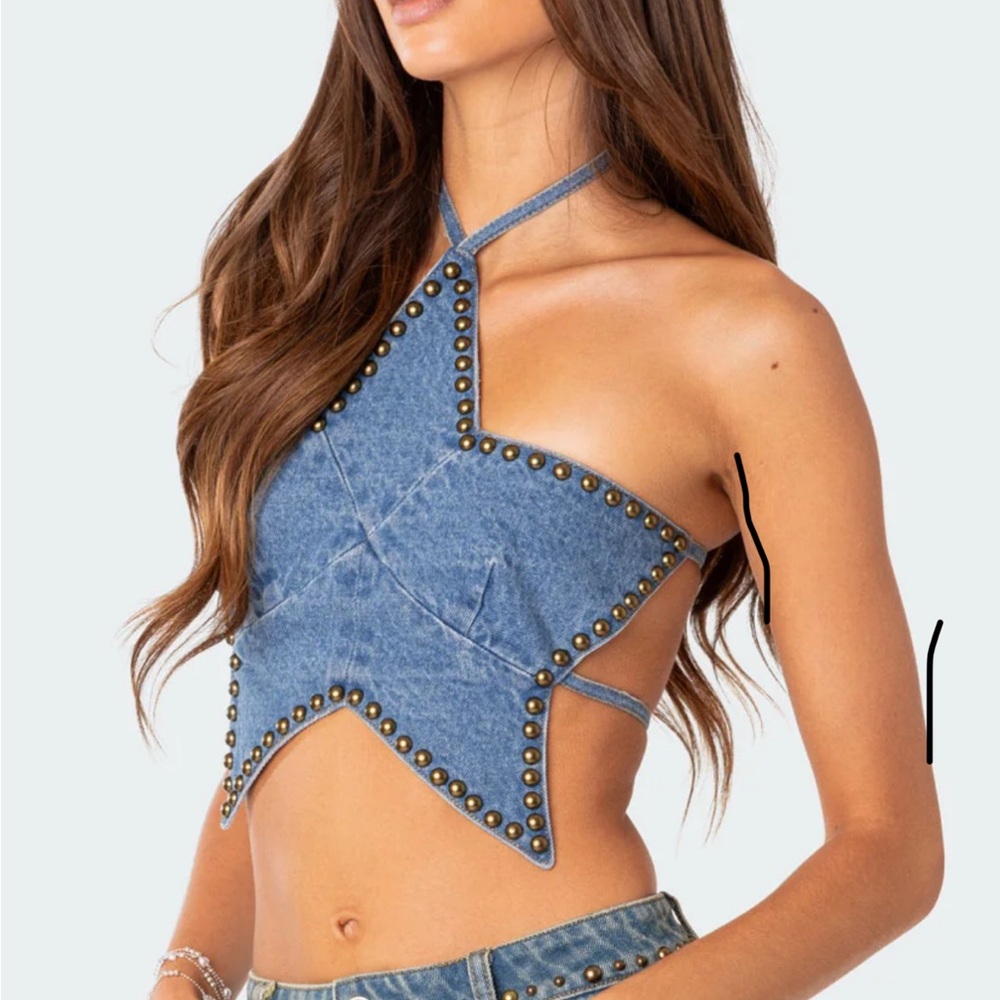 Edikted Starlet Studded Denim Crop Star Halter Top XS